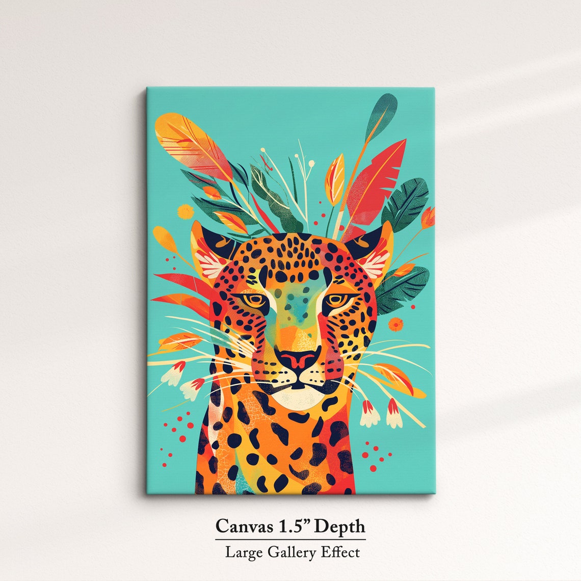 Leopard Face Front With Tropical Leaves Turquoise Art Poster - Image 3