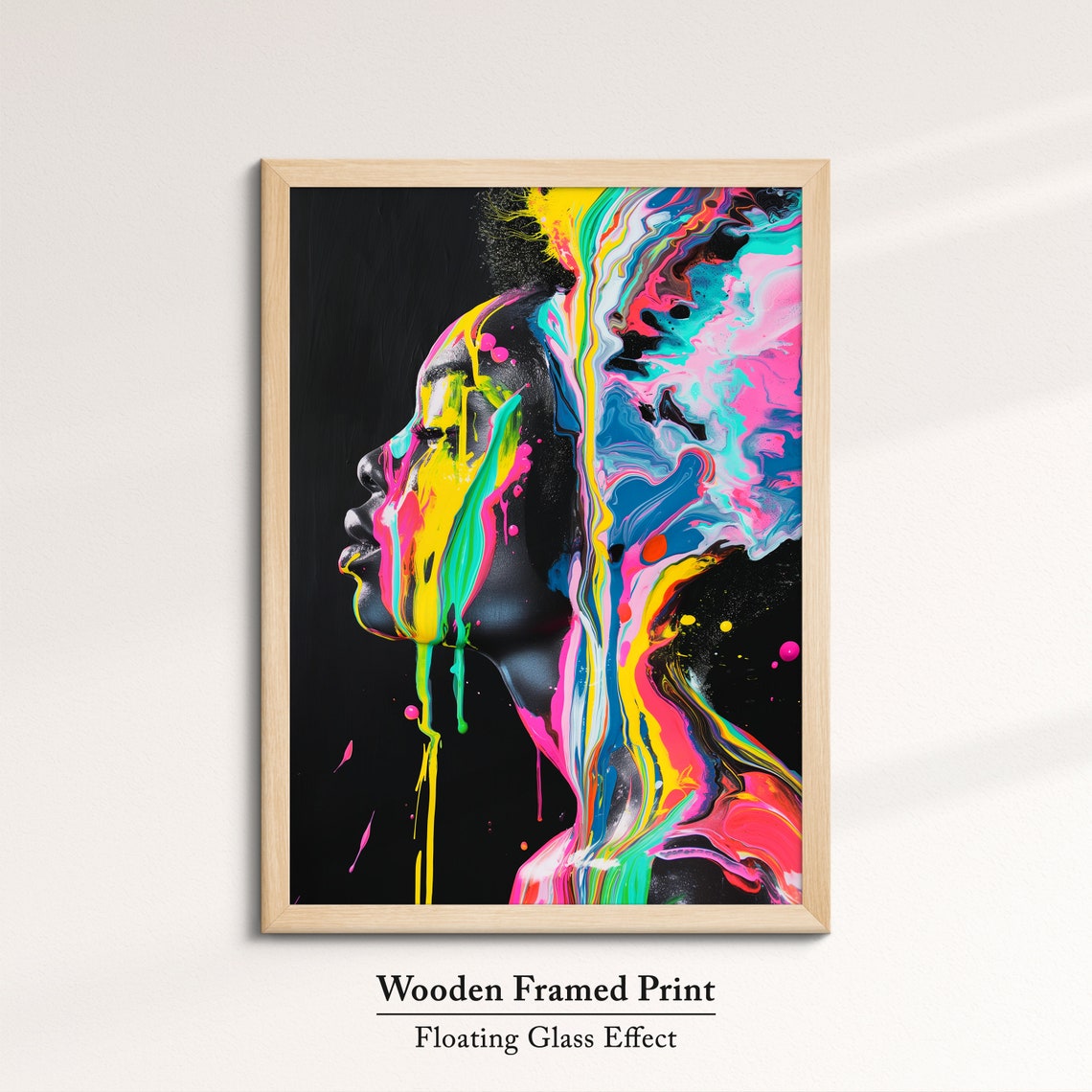 Neon Paint Drips Over Woman Face Profile Black Background Art Poster - Image 6