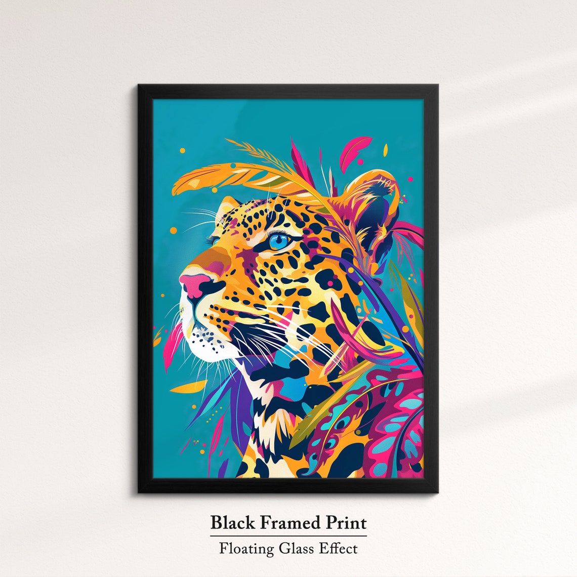Leopard Side Profile With Feathers Teal Background Wildlife Poster - Image 8