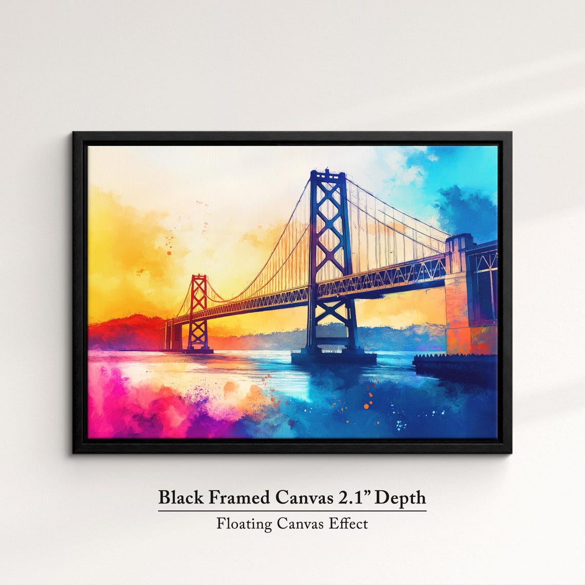 San Francisco Bay Bridge Sunset Watercolor Vibrant Orange Sky Poster - Image 2