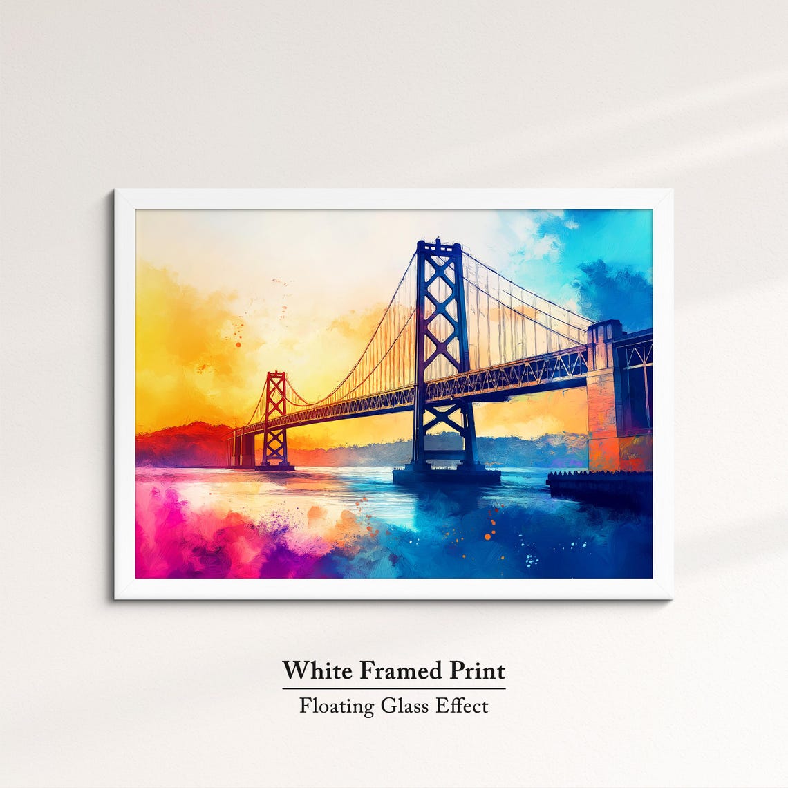 San Francisco Bay Bridge Sunset Watercolor Vibrant Orange Sky Poster - Image 7