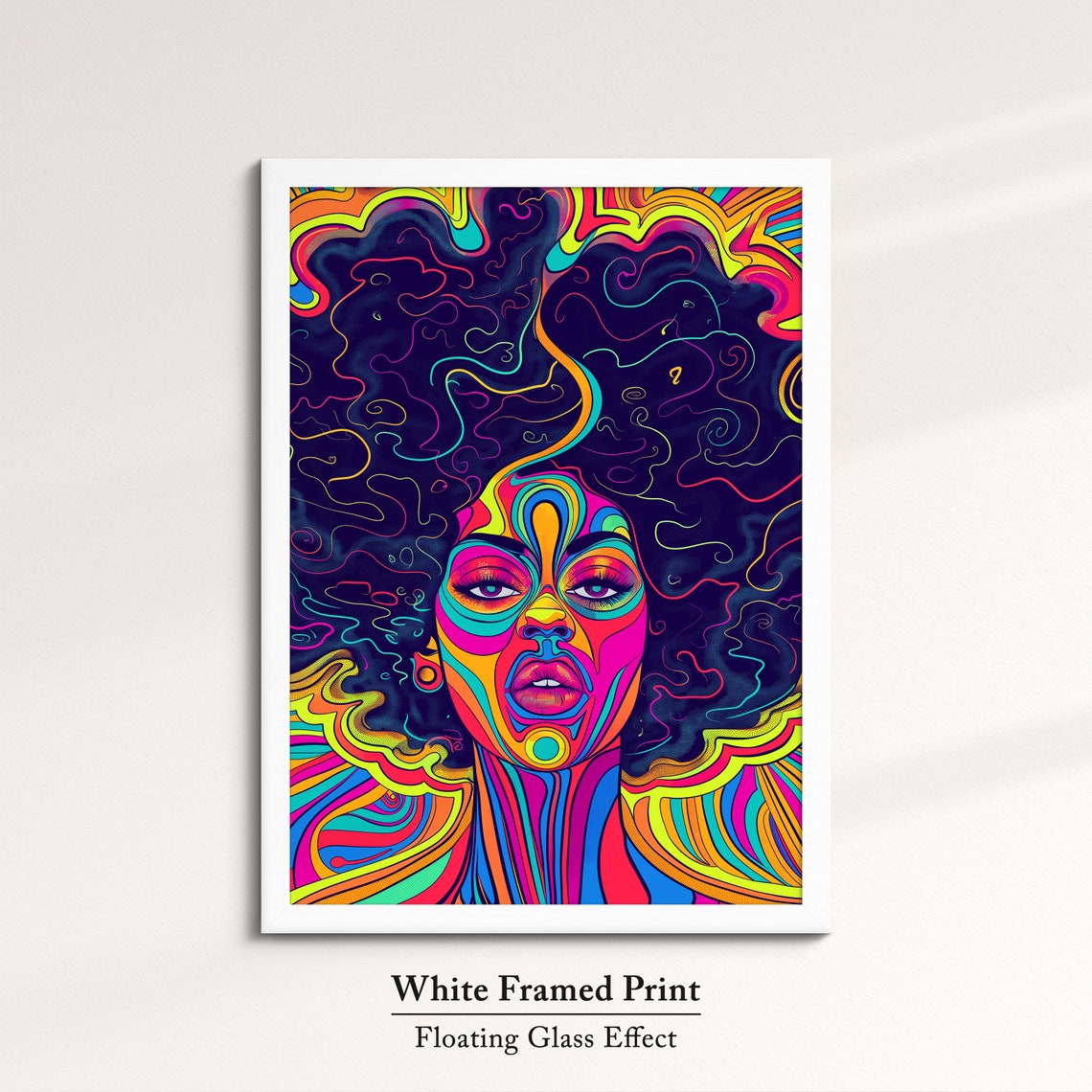 Psychedelic Afro Woman Portrait In Rainbow Colors On Black Art Poster - Image 7