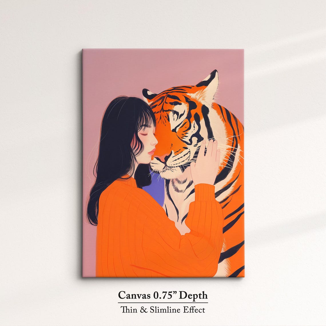 Woman Embracing Tiger Gentle Pink Background Modern Illustration Print - Image 4