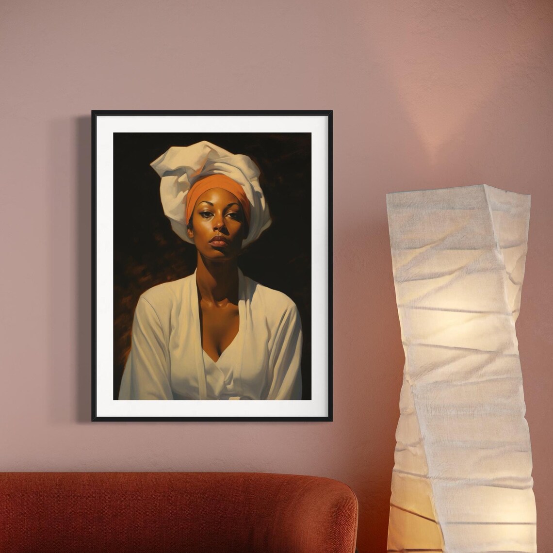Elegant Black Woman White Headwrap Classic Portrait Afrocentric Print