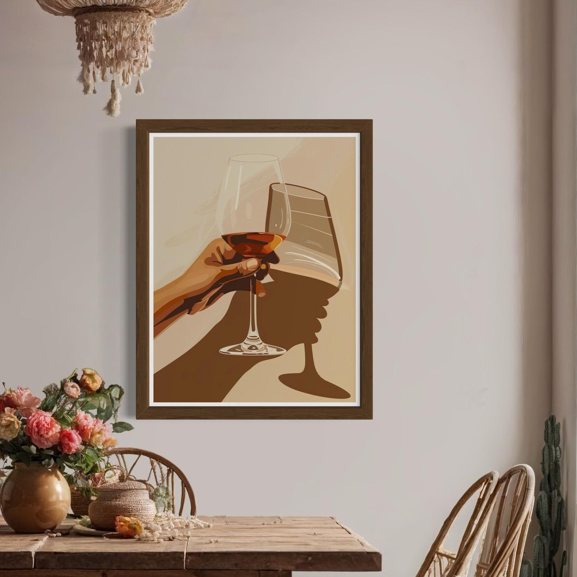 Red Wine Glasses Toast Shadow Play Minimalist Beige Decor Poster