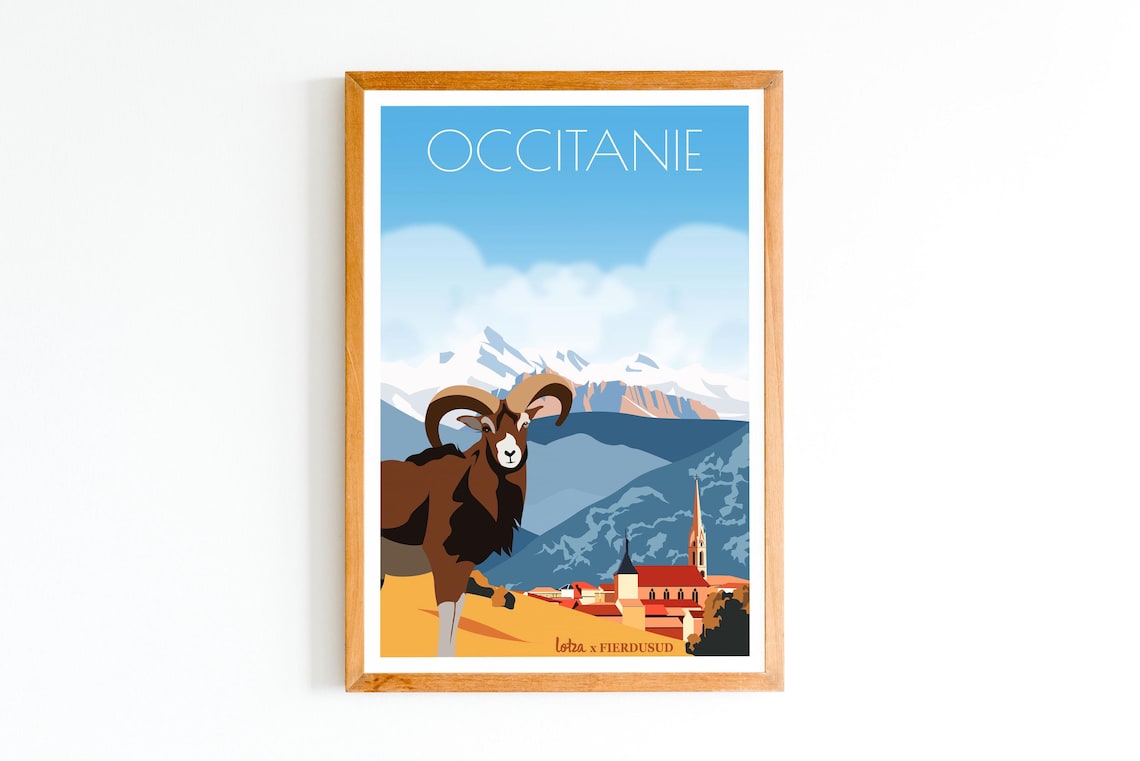 Occitanie Mouflon Ram Mountain Village Minimalist Travel Poster