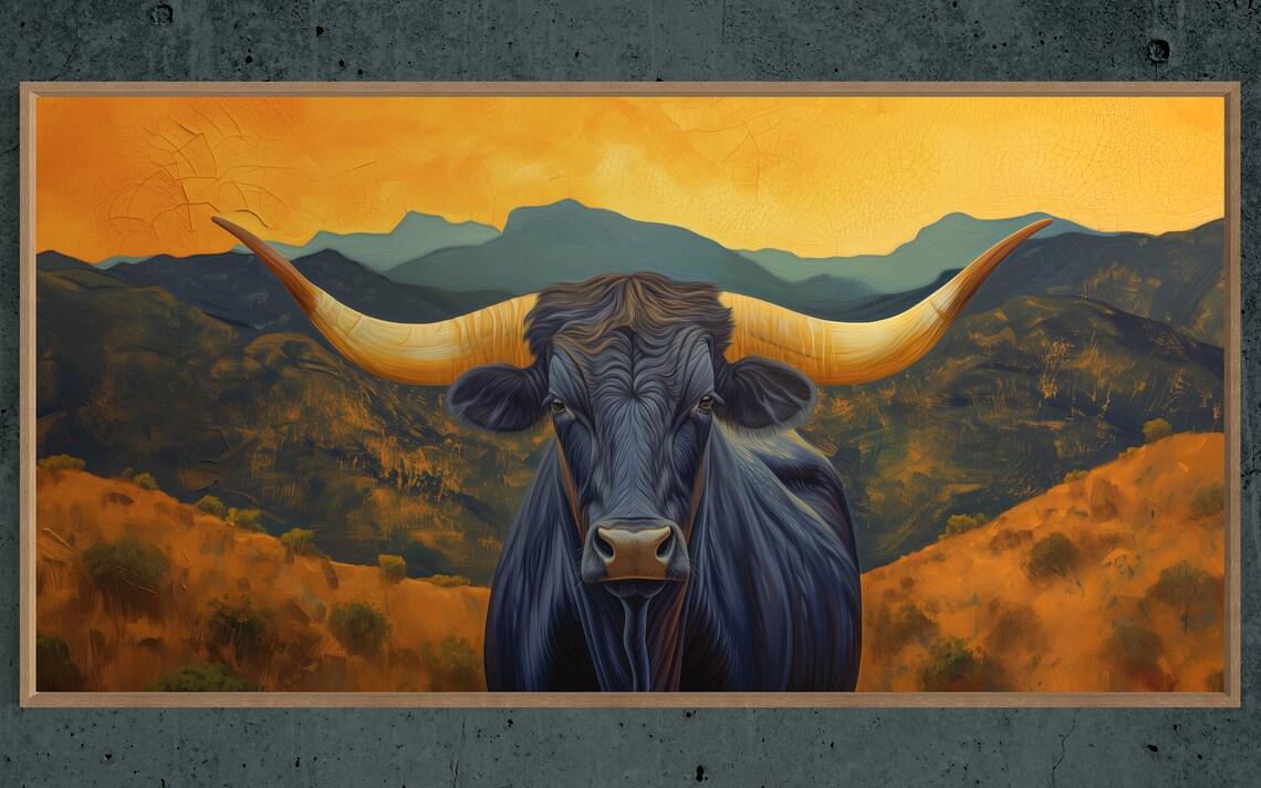 Texas Longhorn Cow Golden Sunset Mountain Southwest Ranch Art Poster - Image 5
