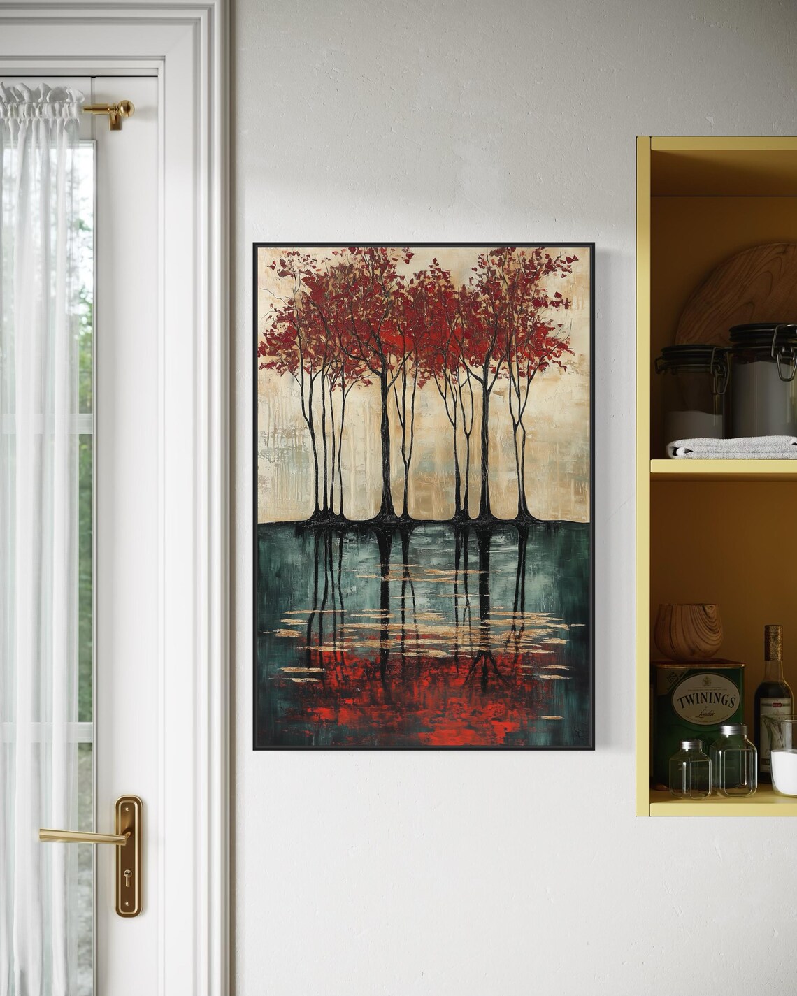 Modern Red Tree Wall Art Abstract Forest Scene Print With Reflection And Vivid Colors Elegant Autumnal Decor For Luxury Home Spaces - Image 3