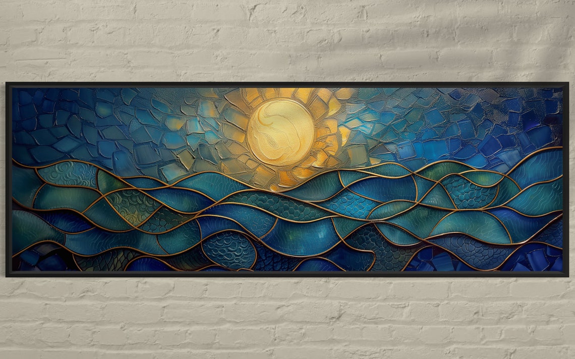 Stained Glass Ocean Waves Golden Sun Mosaic Panorama Wall Art - Image 5