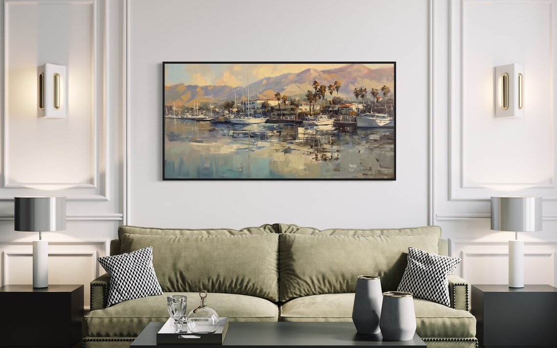 Serene Harbor Marina Sailboats Mountain Sunset Golden Water Print - Image 4