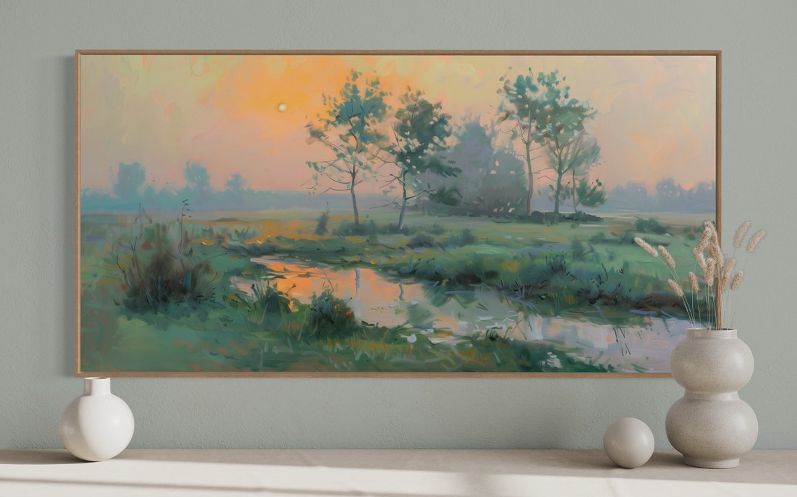 Misty Sunrise Over Green Meadow Stream Soft Pastel Morning Poster - Image 4