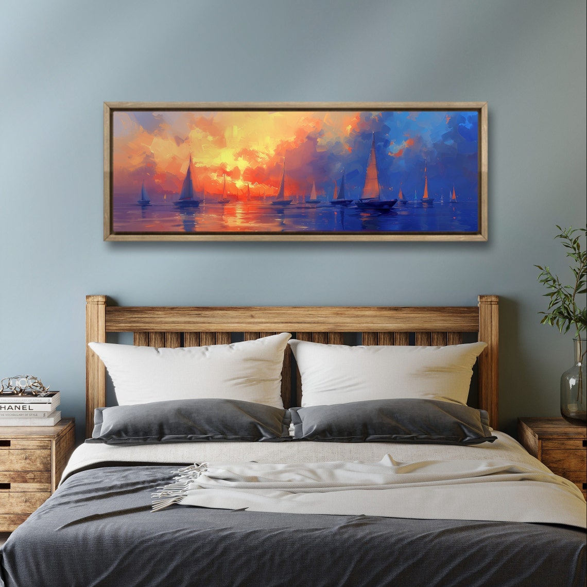 Sailboats at Sunset Orange Blue Sea Panoramic Seascape Poster - Image 3