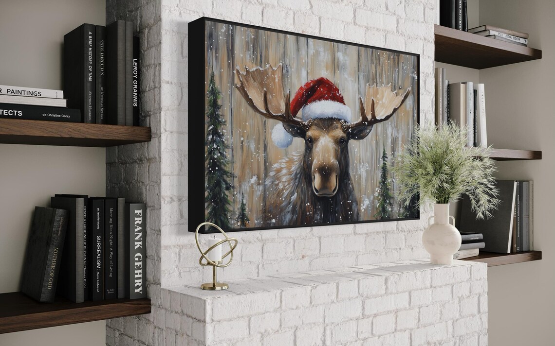 Santa Moose Christmas Art Print, Rustic Holiday Decor - Image 4