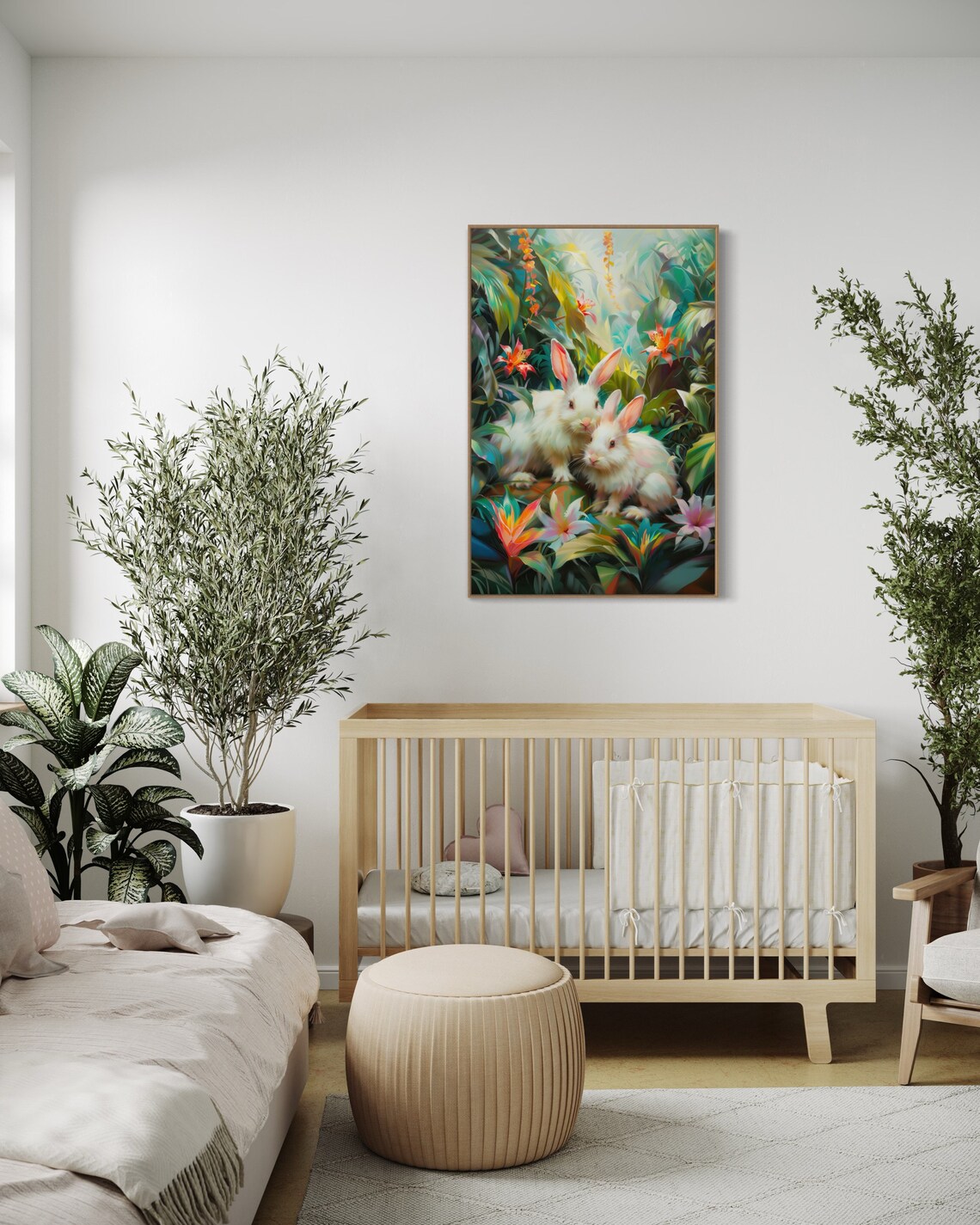 White Rabbits Tropical Garden Floral Whimsical Wildlife Wall Art - Image 5