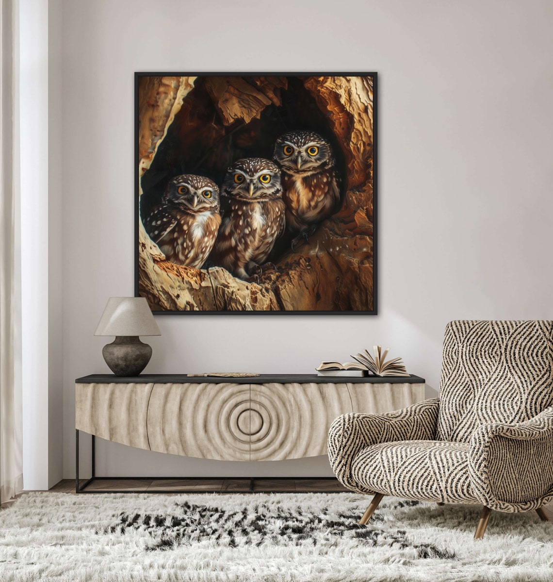 Adorable Trio Of Burrowing Owls Tree Hollow Portrait Art Print - Image 3