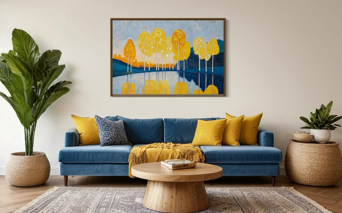 Golden Yellow Trees Lake Reflection Vibrant Abstract Nature Poster - Image 3