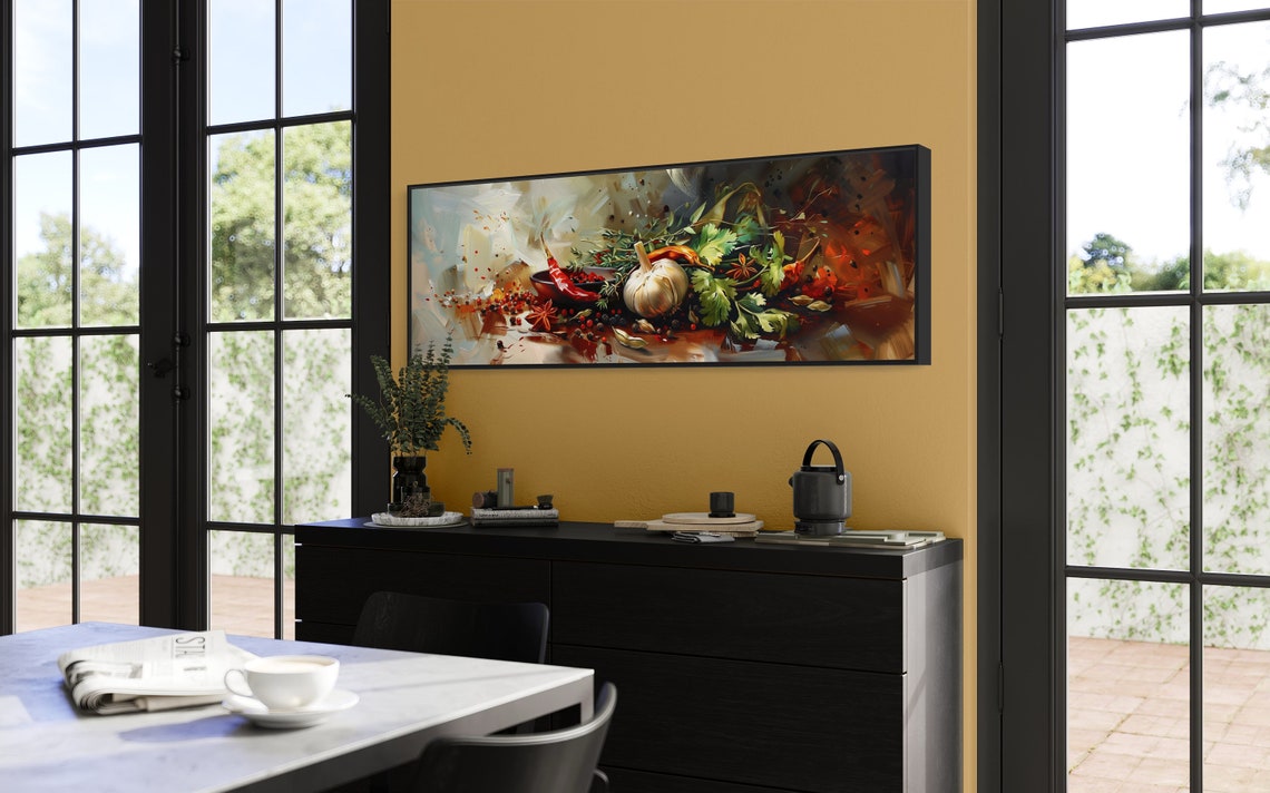 Rustic Spices Herbs Still Life Garlic Chili Pepper Panoramic Print - Image 3