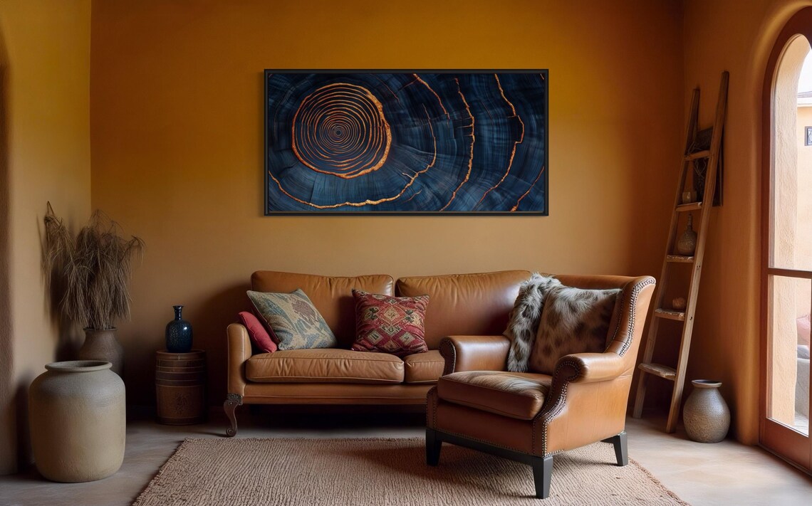 Tree Ring Art Abstract Nature Inspired Print With Blue And Orange Tones Modern Organic Wall Decor Perfect Above Couch For Rustic Style - Image 4