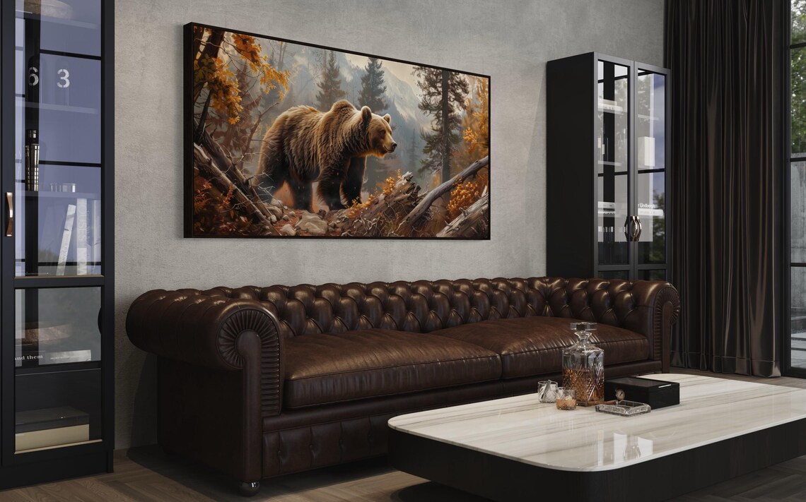 Grizzly Bear Autumn Forest Fallen Log Mountain Panoramic Wildlife Art Poster - Image 5