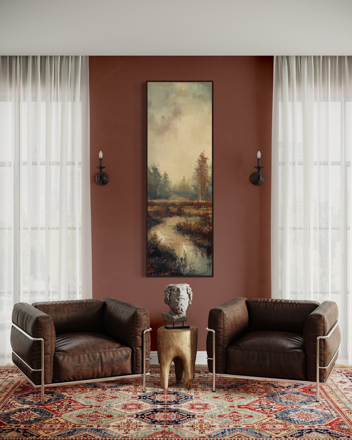 Moody Landscape Dramatic Foggy Forest With Water Reflection Print Earth Tone Narrow Wall Art For Rustic Home Decor - Image 2