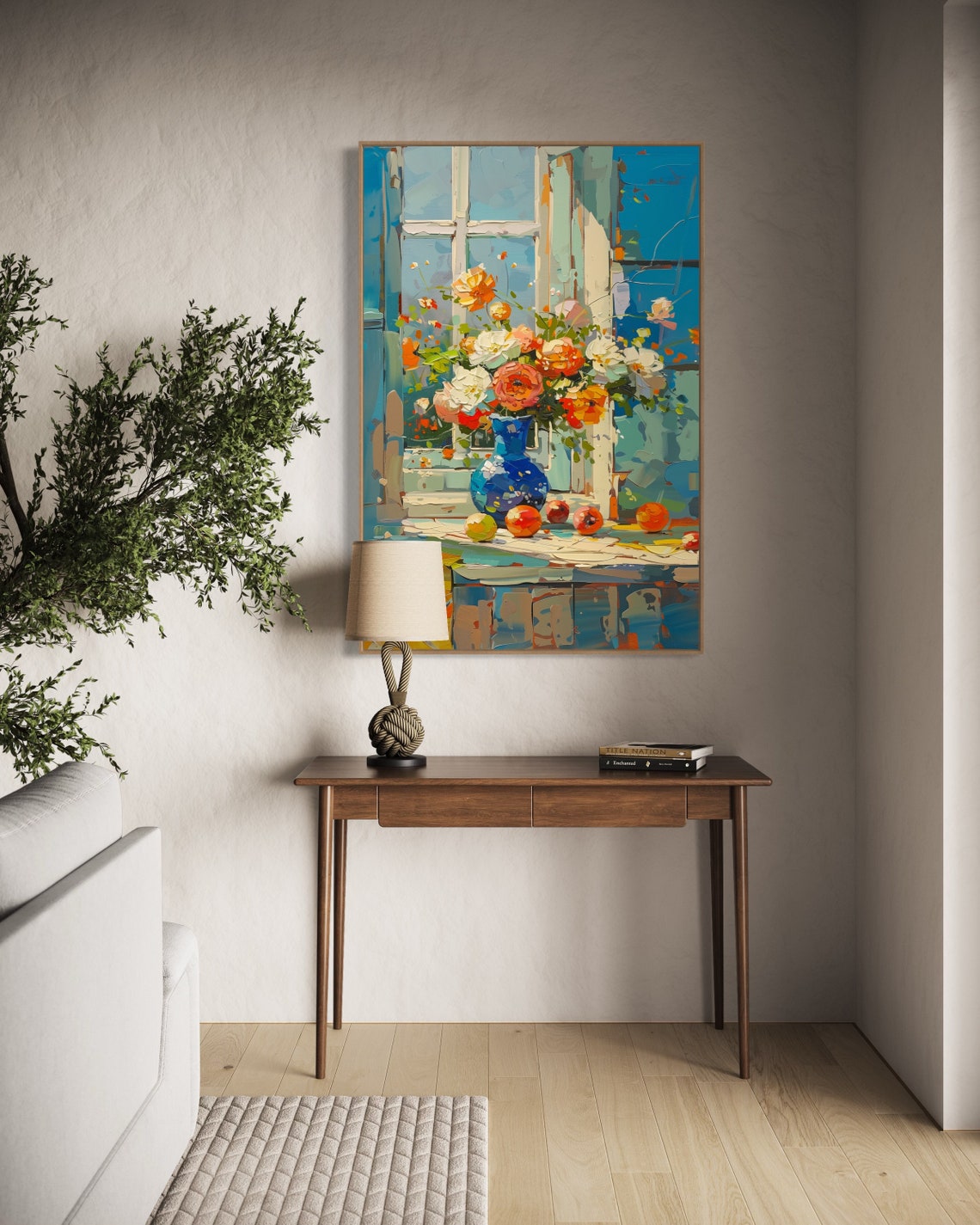 Rose Bouquet in Blue Vase Sunlit Window Still Life Wall Art Print - Image 2