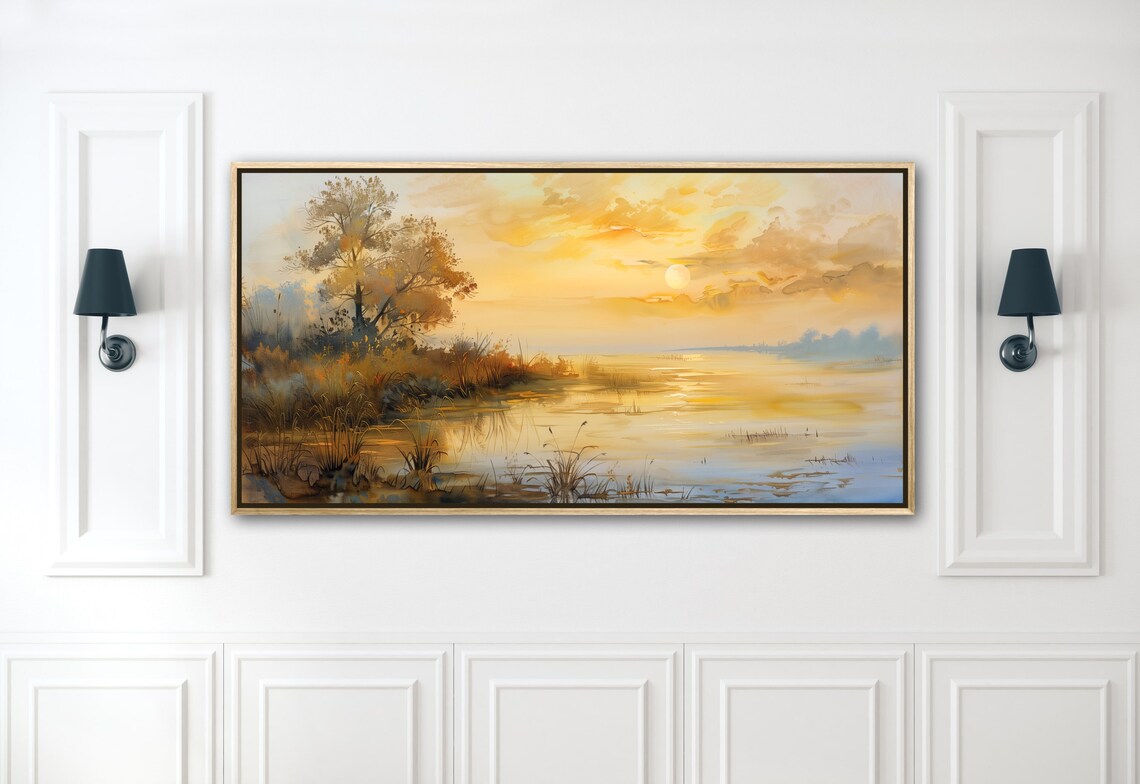 Autumn Sunrise Misty Lakeside Reeds Golden Watercolor Art Poster - Image 4