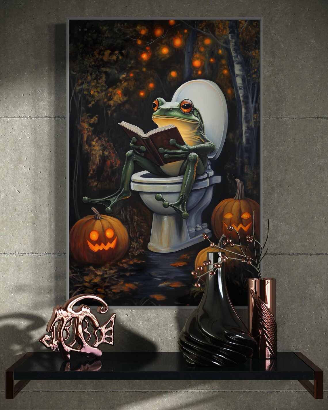 Funny Frog Reading Book On Toilet Halloween Jack-O-Lantern Forest Poster - Image 2