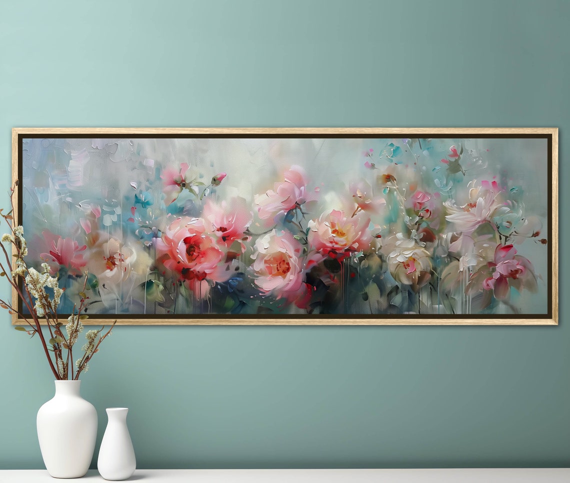 Soft Pink Peony Garden Bloom Panoramic Floral Impressionist Wall Art - Image 4