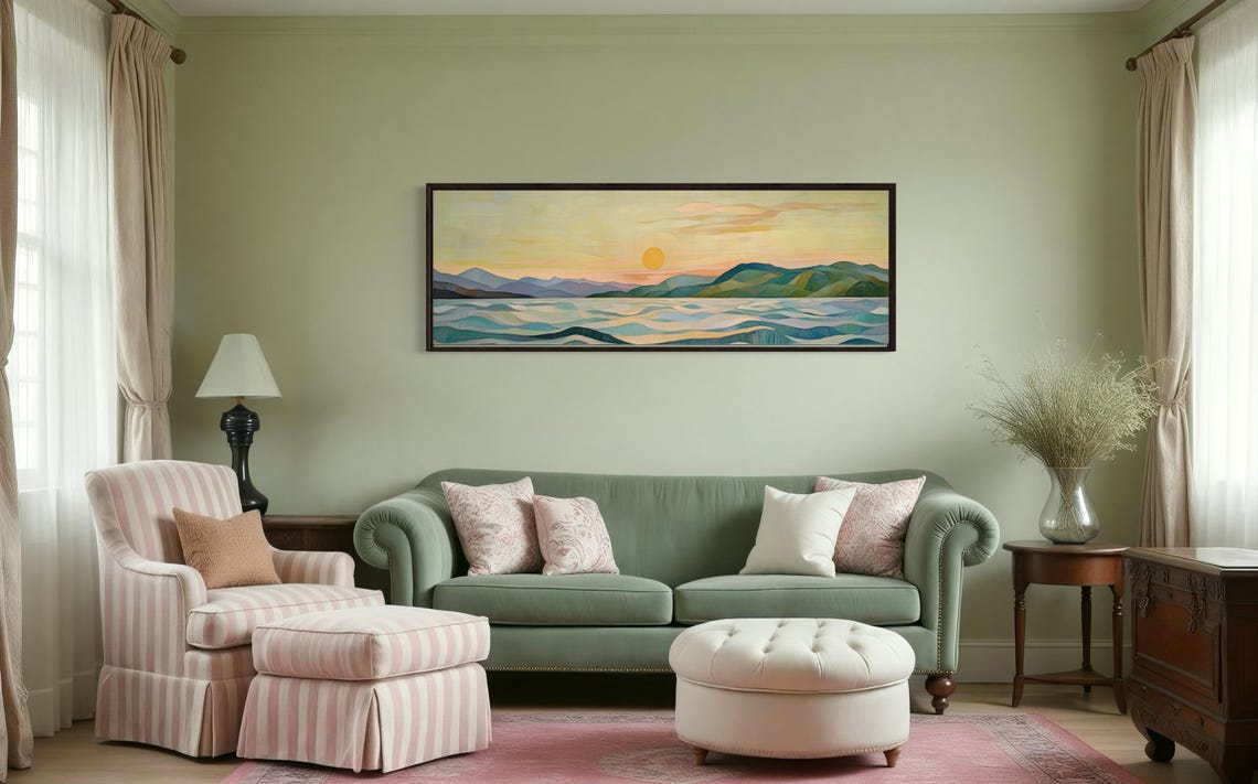 Minimalist Ocean Sunset Waves Pastel Tones Panoramic Serene Wall Print - Image 2