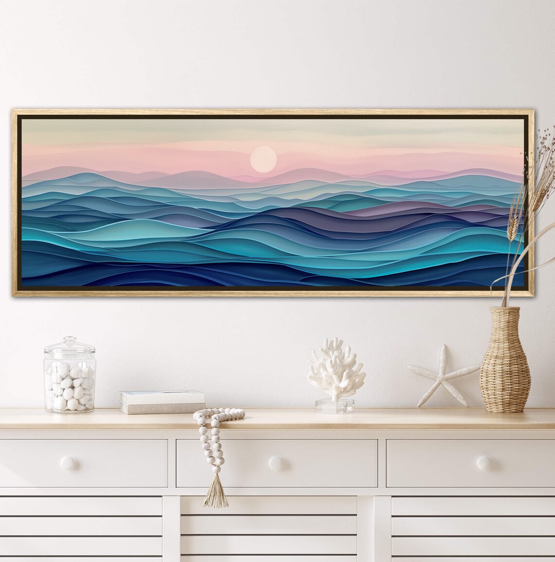 Ocean Waves Panorama, Pink And Purple Sky Art Print