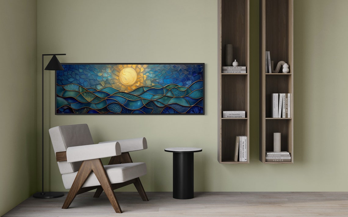Stained Glass Ocean Waves Golden Sun Mosaic Panorama Wall Art - Image 2