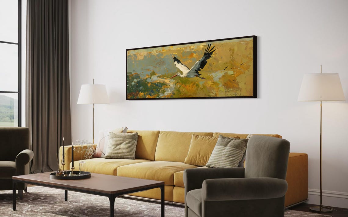 White Stork in Flight Over Golden Marsh Abstract Wildlife Poster - Image 5