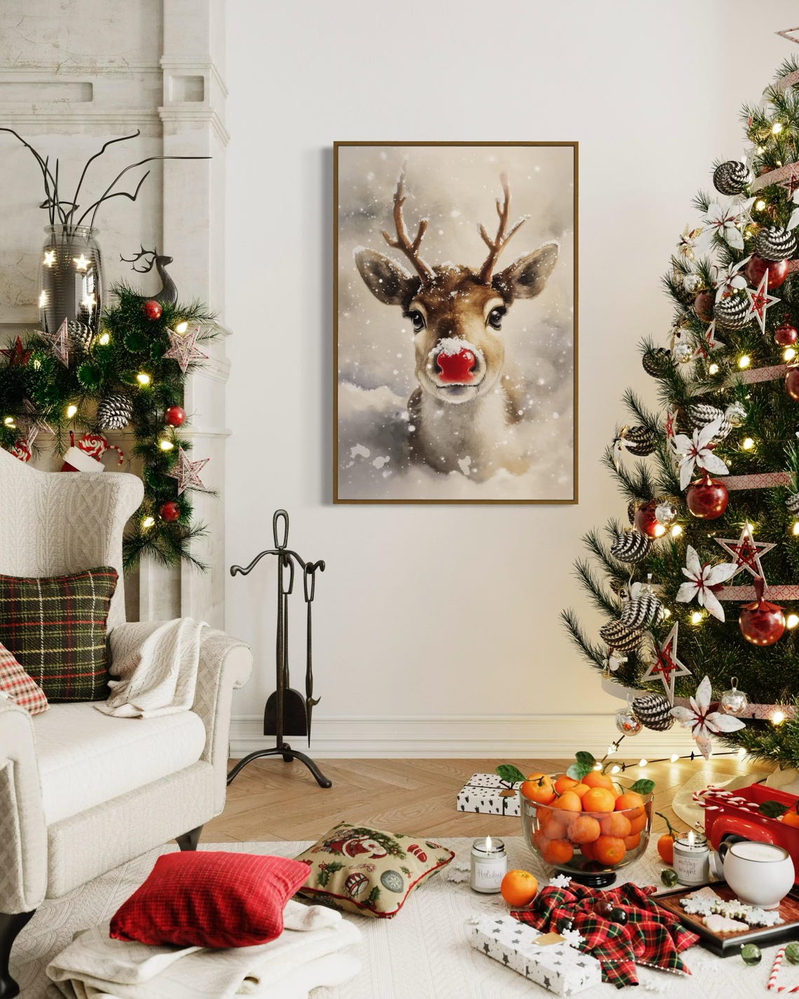 Reindeer Red Nose Snowy Winter Cute Holiday Christmas Animal Poster - Image 3