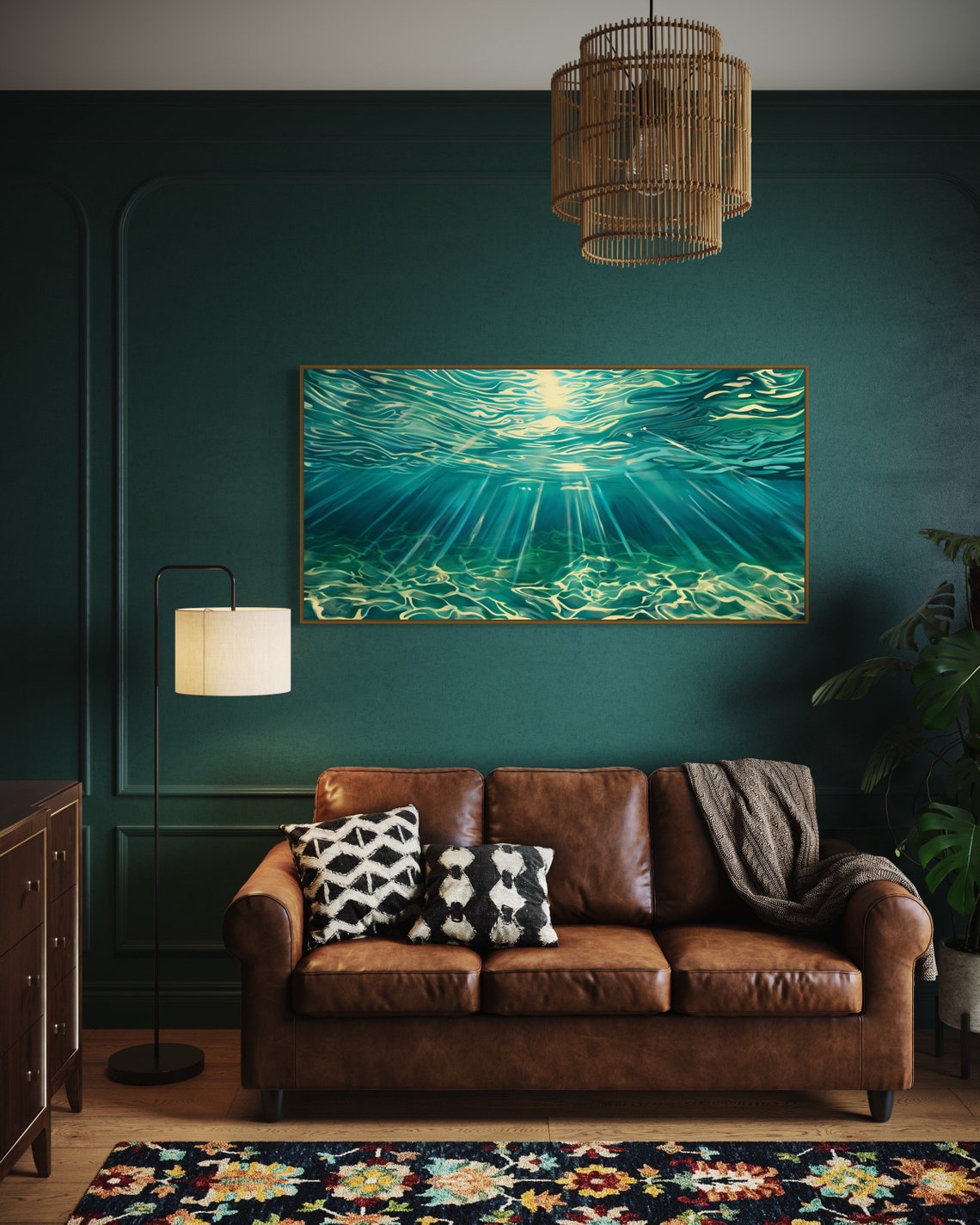 Turquoise Underwater Sun Rays Panoramic Ocean Light Waves Art Poster - Image 3