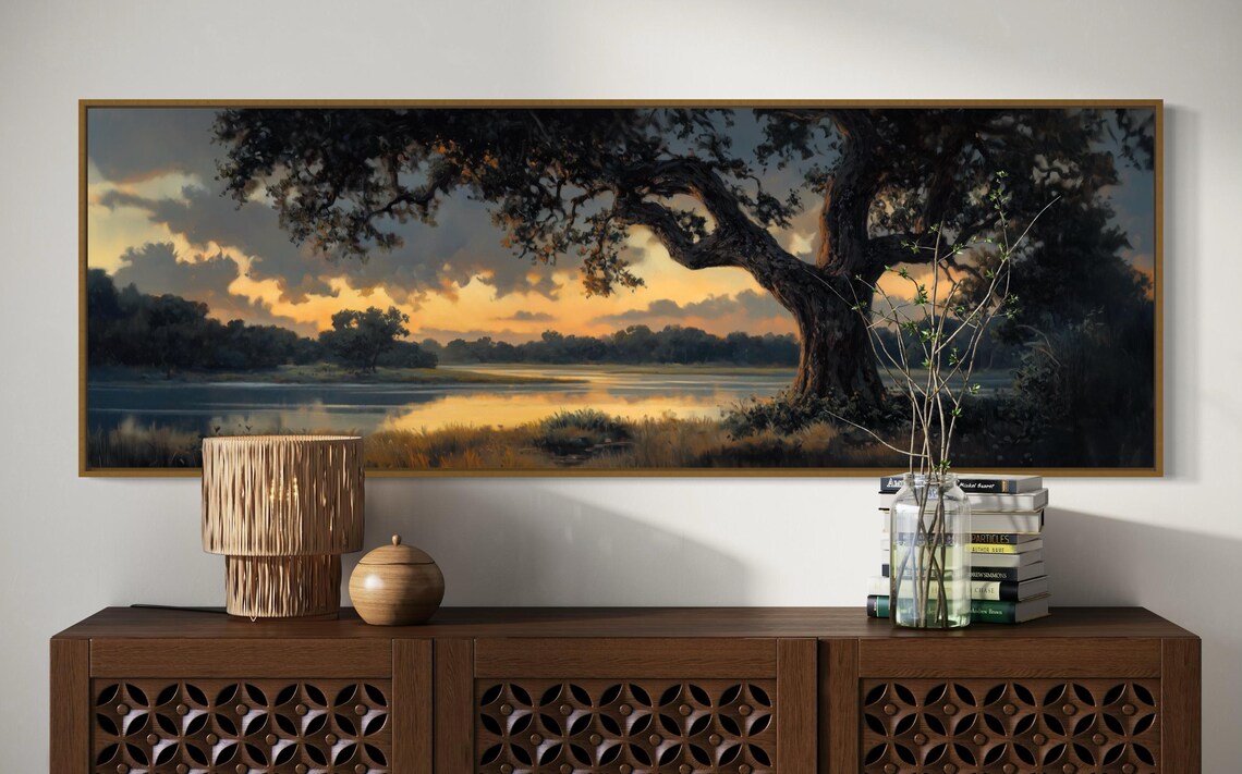Old Oak Tree at Sunset, Moody Panoramic Art Print - Image 4