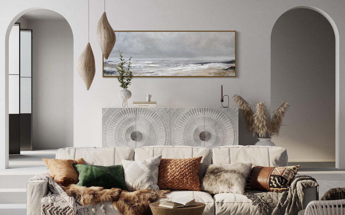 Serene Grey Abstract Ocean Waves Panoramic Seascape Bedroom Poster - Image 4