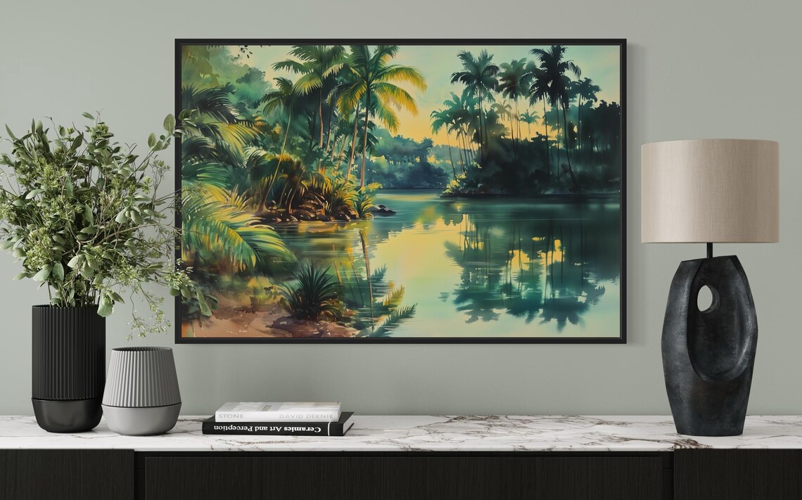Tropical Jungle Palm Tree River Landscape, Art Print