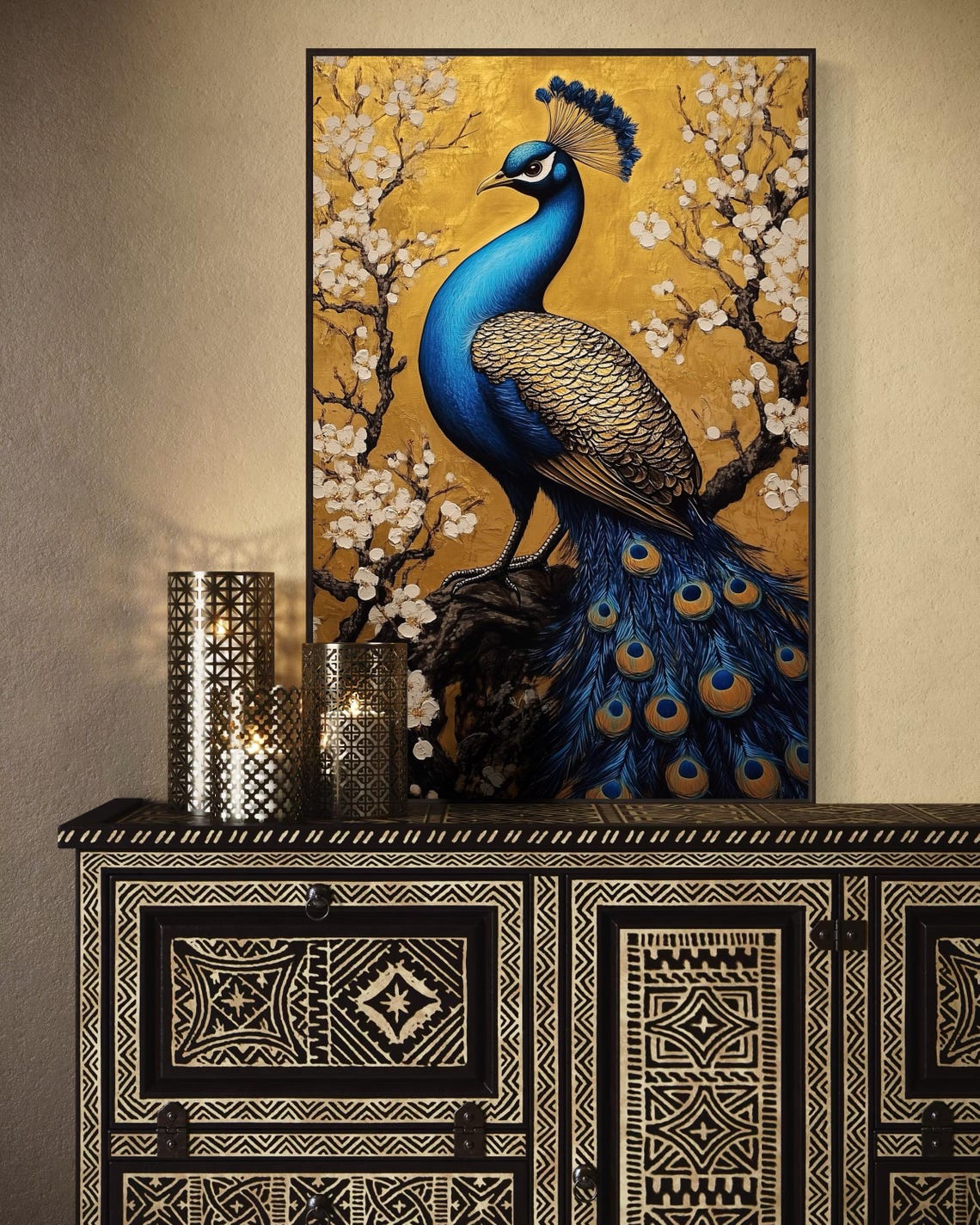 Vibrant Blue Peacock Gold Leaf Background Cherry Blossom Elegant Print - Image 2