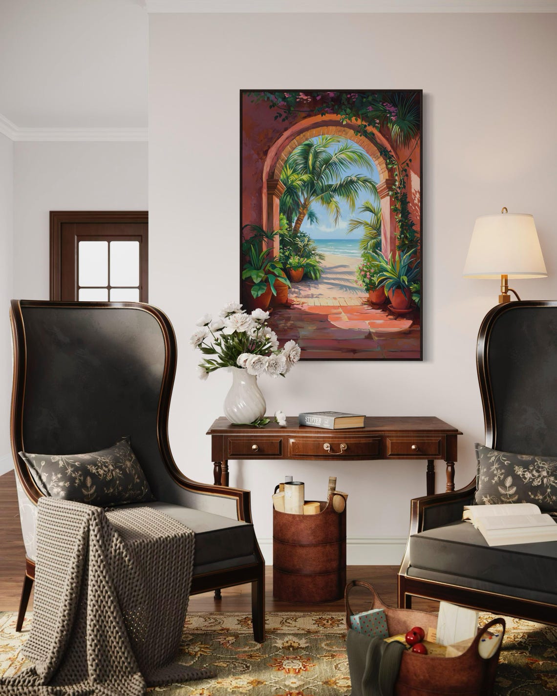 Tropical Beach View Through Terracotta Arch Palm Trees Poster - Image 3