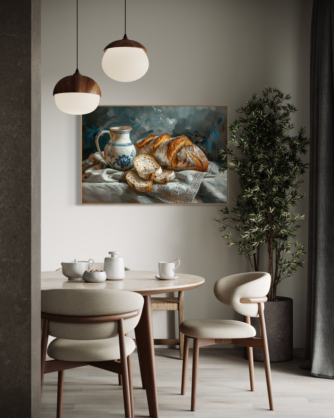 Rustic Bread Loaf Still Life Ceramic Pitcher Cozy Kitchen Wall Art - Image 5