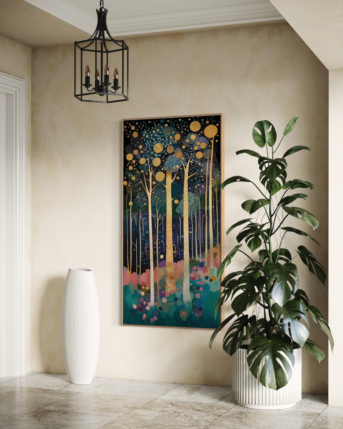 Magical Abstract Forest Klimt Inspired Abstract Tree Print With Gold Accents Tranquil Vertical Narrow Decor Nature Scene For Above Bed - Image 3