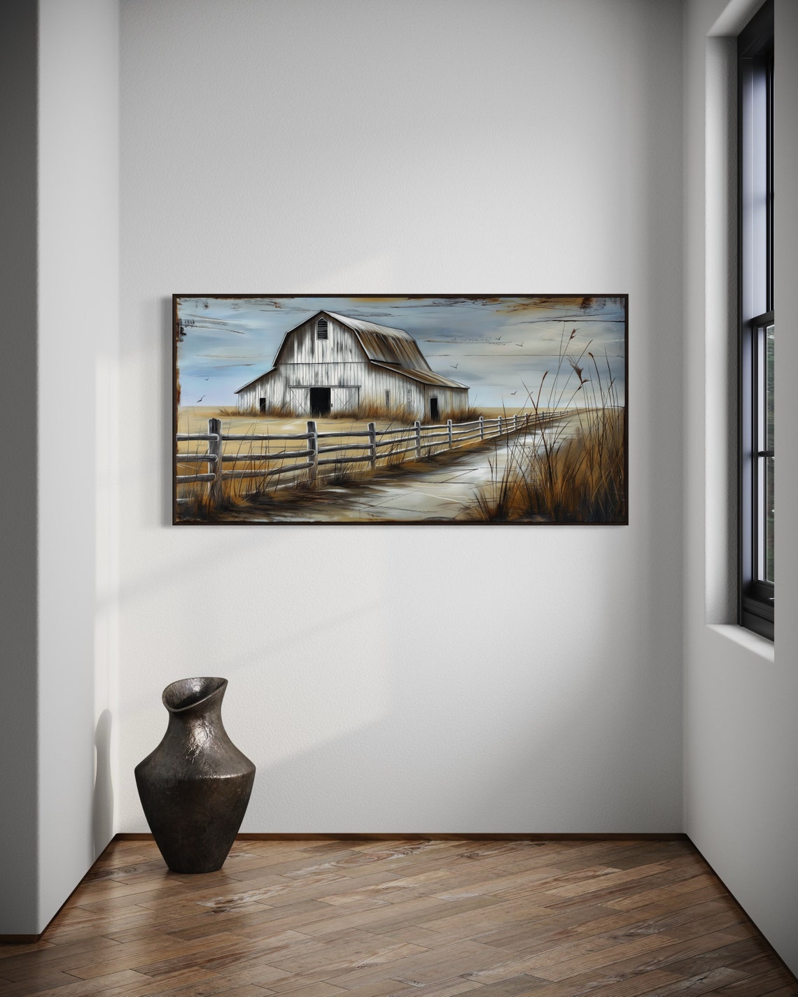 White Barn Country Road Wheat Field Rustic Panoramic Wall Art - Image 2
