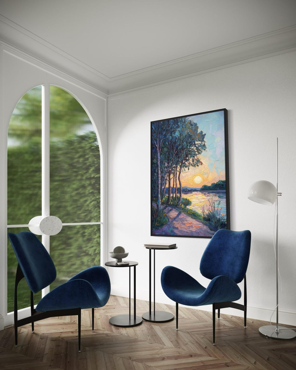Lakeside Sunset Impressionist Golden Water Birch Trees Path Art Poster - Image 4