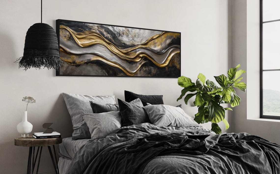 Gold Silver Black Abstract Wave Luxury Panoramic Fluid Wall Poster - Image 2