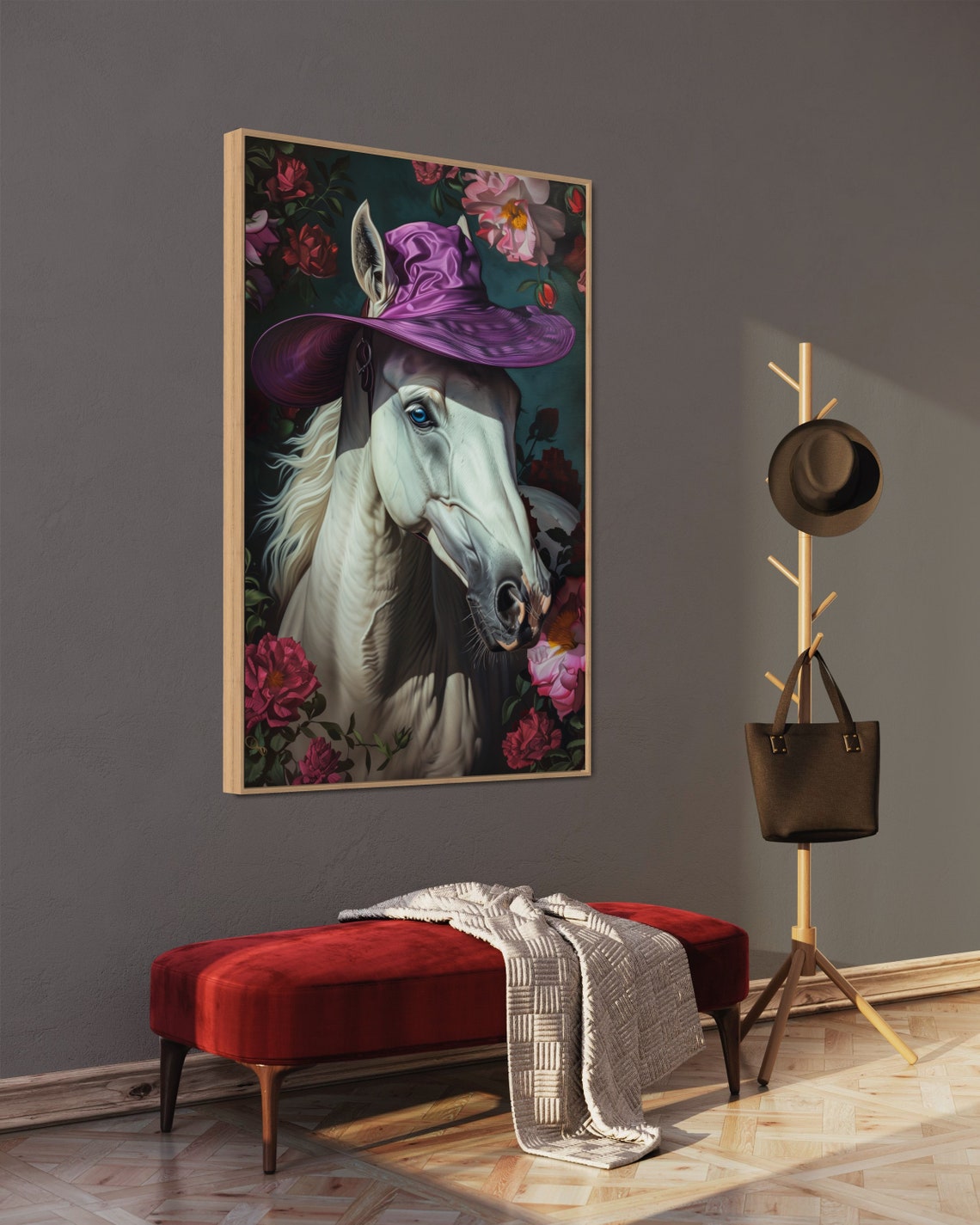 Regal White Horse Purple Hat Red Roses Equine Floral Art Poster - Image 4
