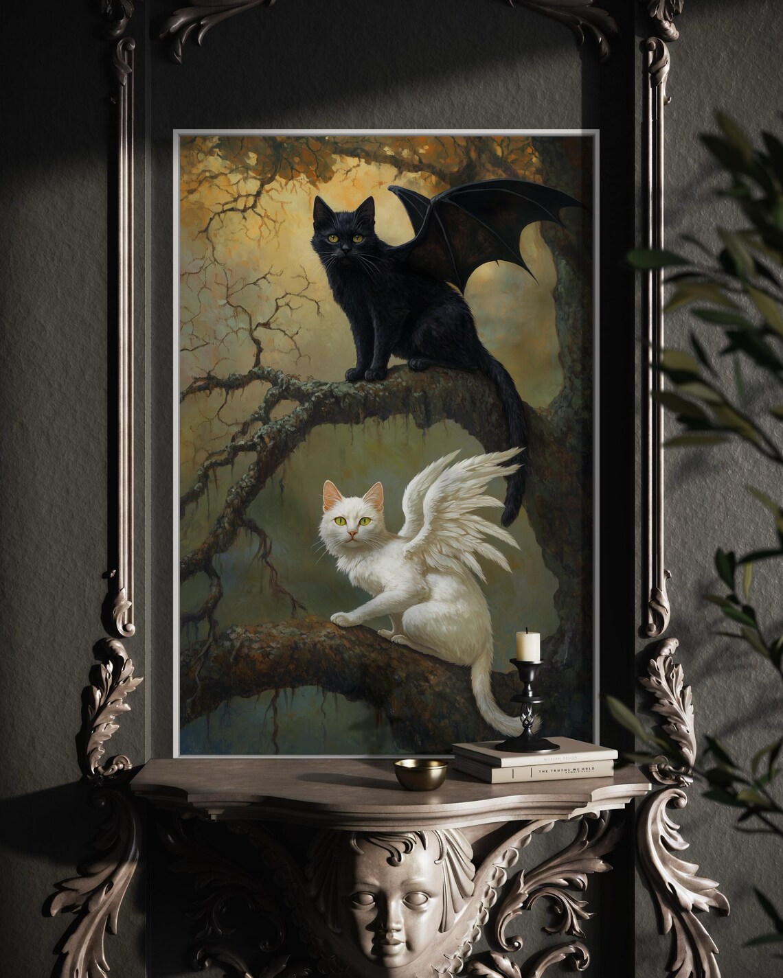 Fantasy Cat Print, Gothic Winged Cats in Forest - Image 5