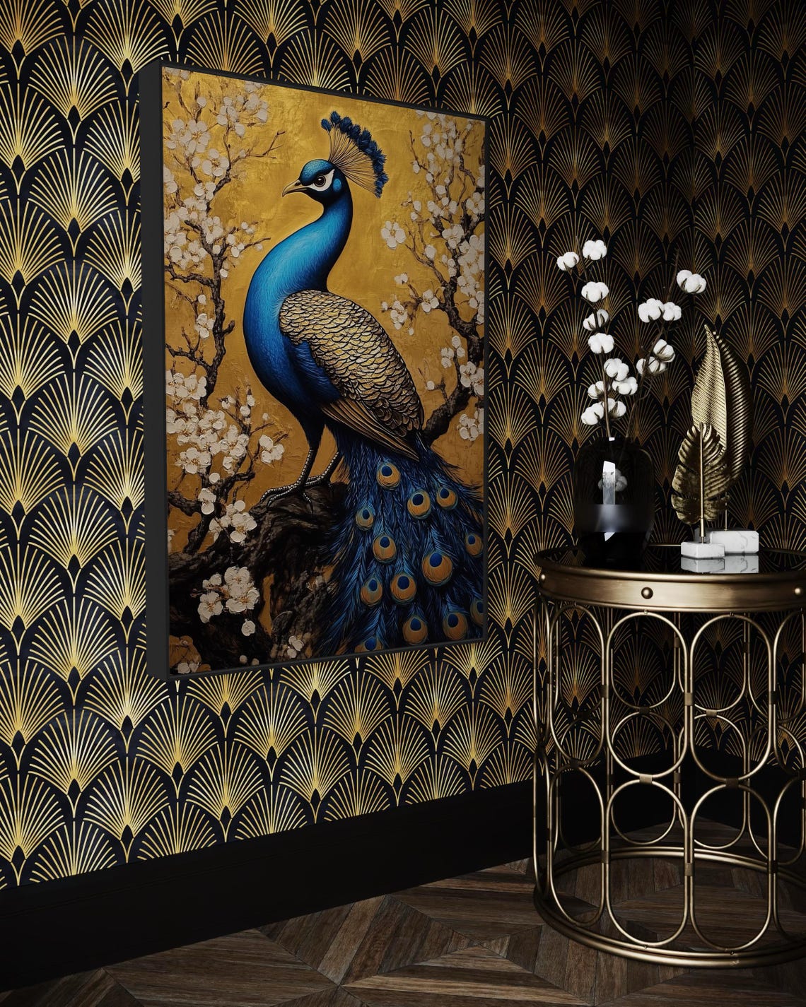 Vibrant Blue Peacock Gold Leaf Background Cherry Blossom Elegant Print - Image 4