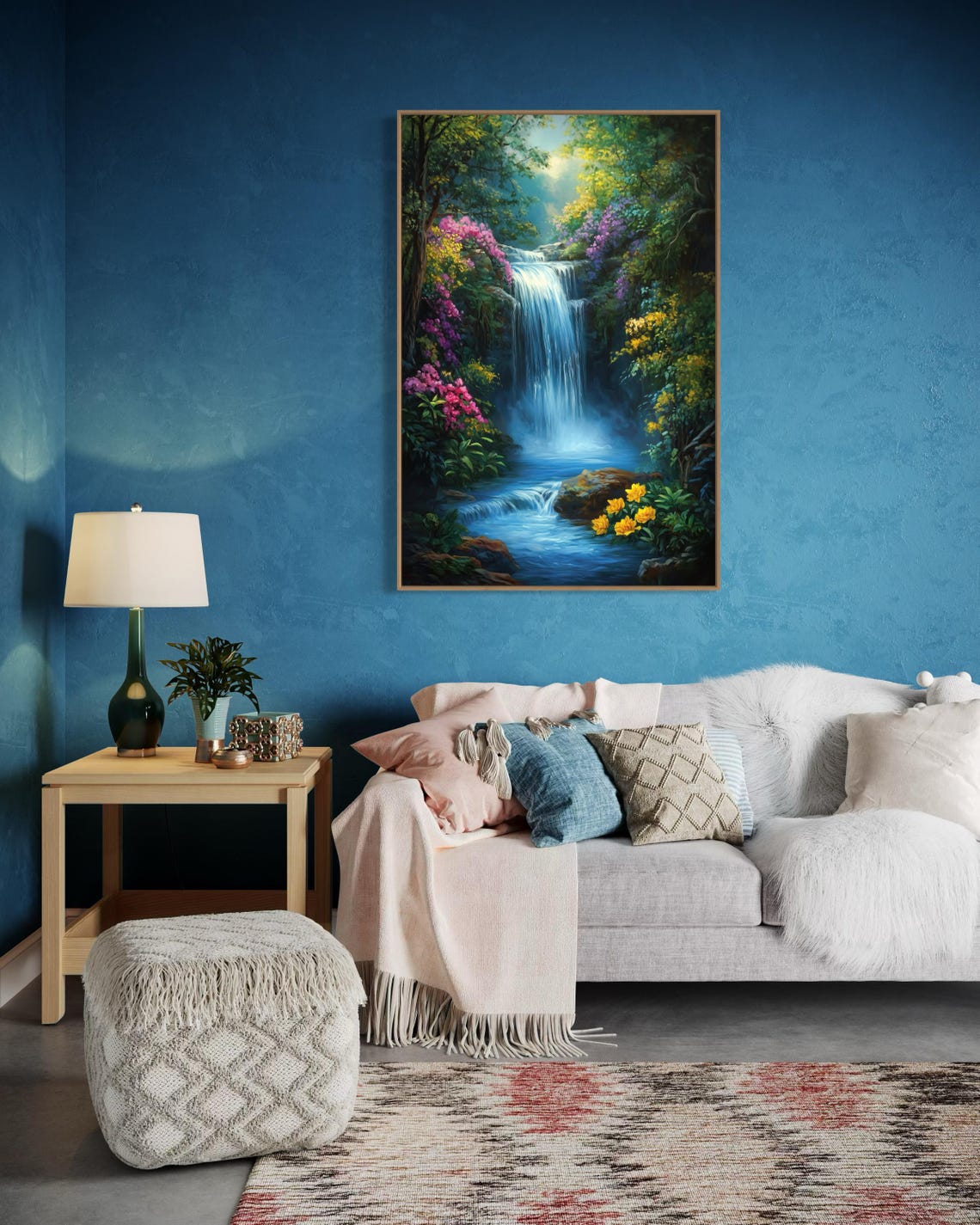 Mystical Waterfall Lush Forest Blossoms Zen Cottagecore Nature Print - Image 2