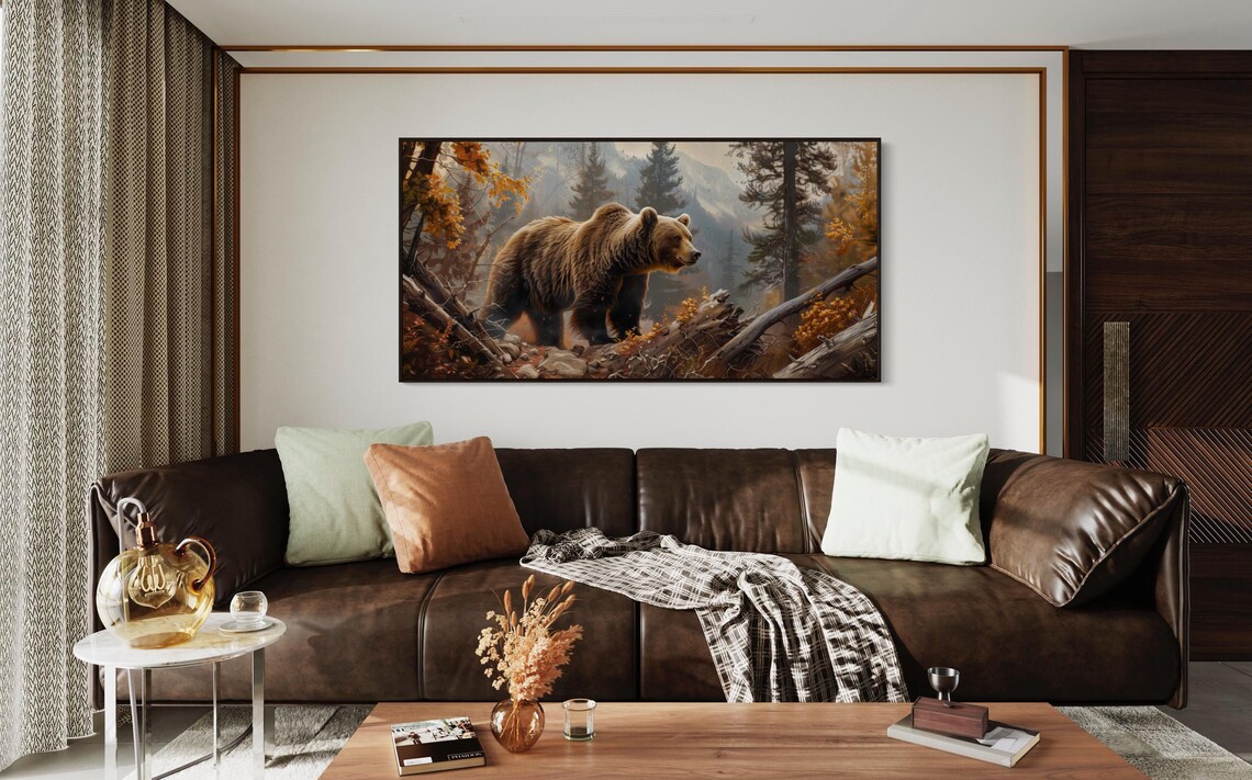 Grizzly Bear Autumn Forest Fallen Log Mountain Panoramic Wildlife Art Poster - Image 3