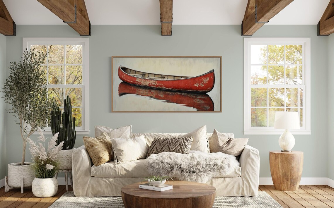 Vintage Red Canoe Rustic Wall Decor Art Print - Image 4